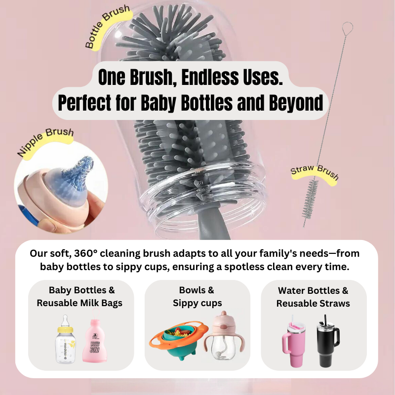 PREORDER 3-in-1 Silicone Bottle Cleaning Brush - Perfect for Baby Bottles, Straws, Bowls & Water Bottles